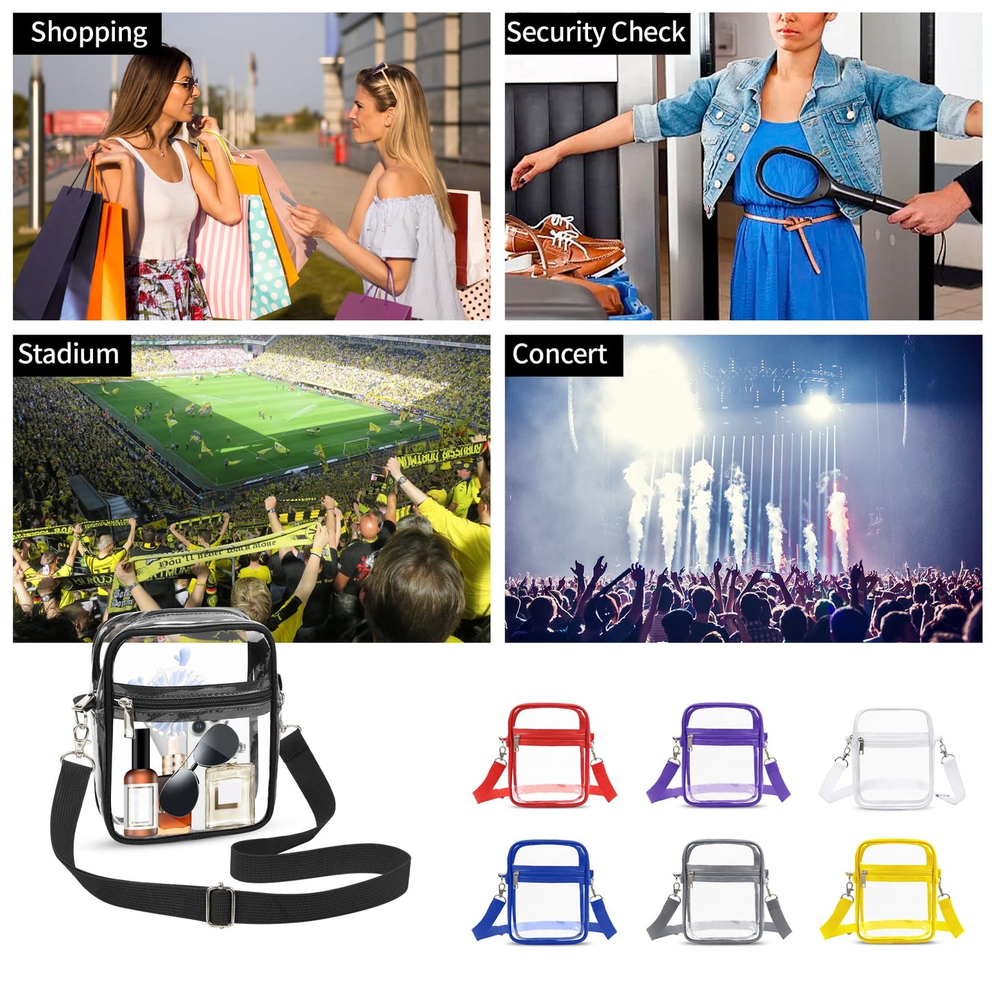 VOROLO Clear Crossbody Bag Stadium Approved See Through Purse Handbag,Small See Through Purse Handbag with Adjustable Shoulder Strap for Sports Black
