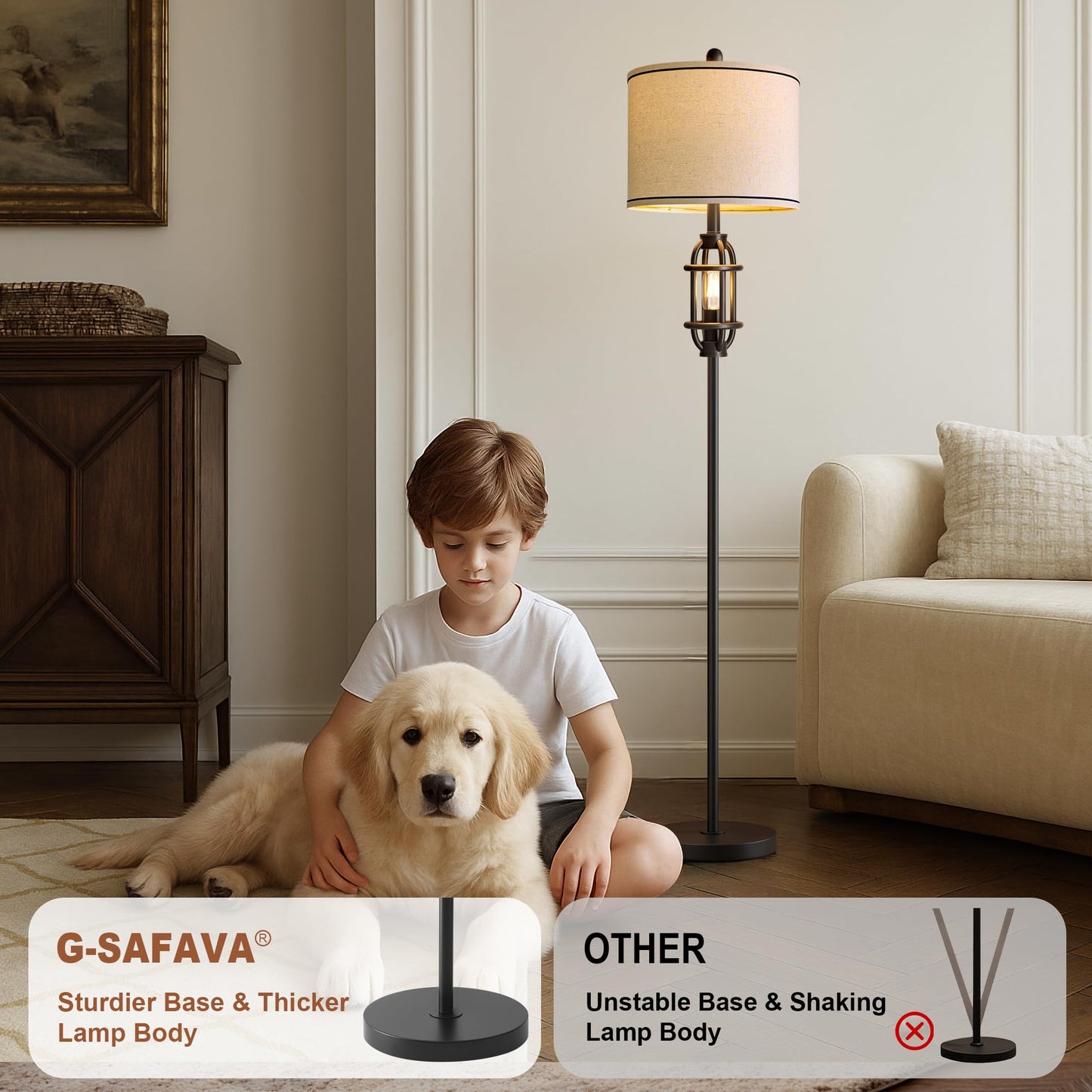 G-SAFAVA 62.5" Floor Lamp for Living Room Industrial Black Standing Tall Lamps for Bedroom Mid Century Modern Corner Floor Lamps for Office Nursery Reading Light Room Lamp, Bulbs Included