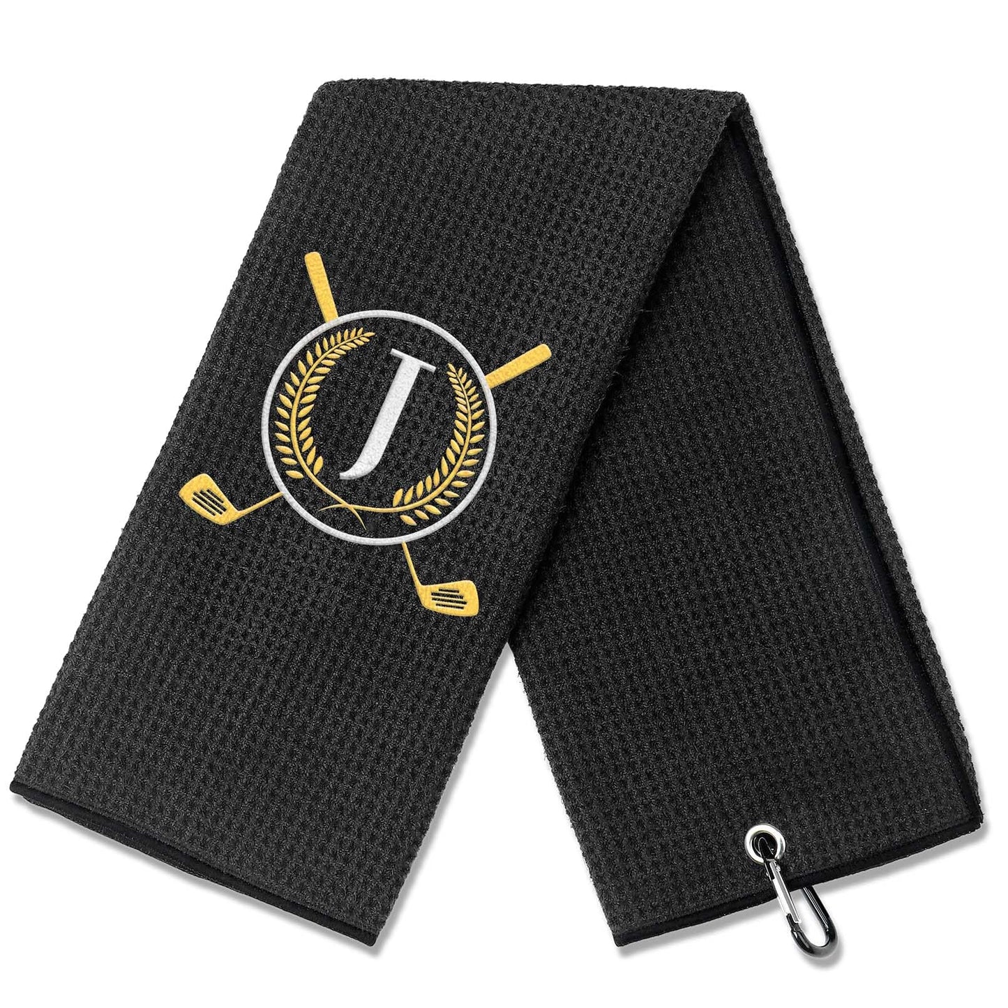 OXYEFEI Golf Towel Gift | Microfiber Waffle with Embroidered Monogrammed | 16”x 24” for Golf Bags with Clip for Men Accessories for Men (Initial-J)