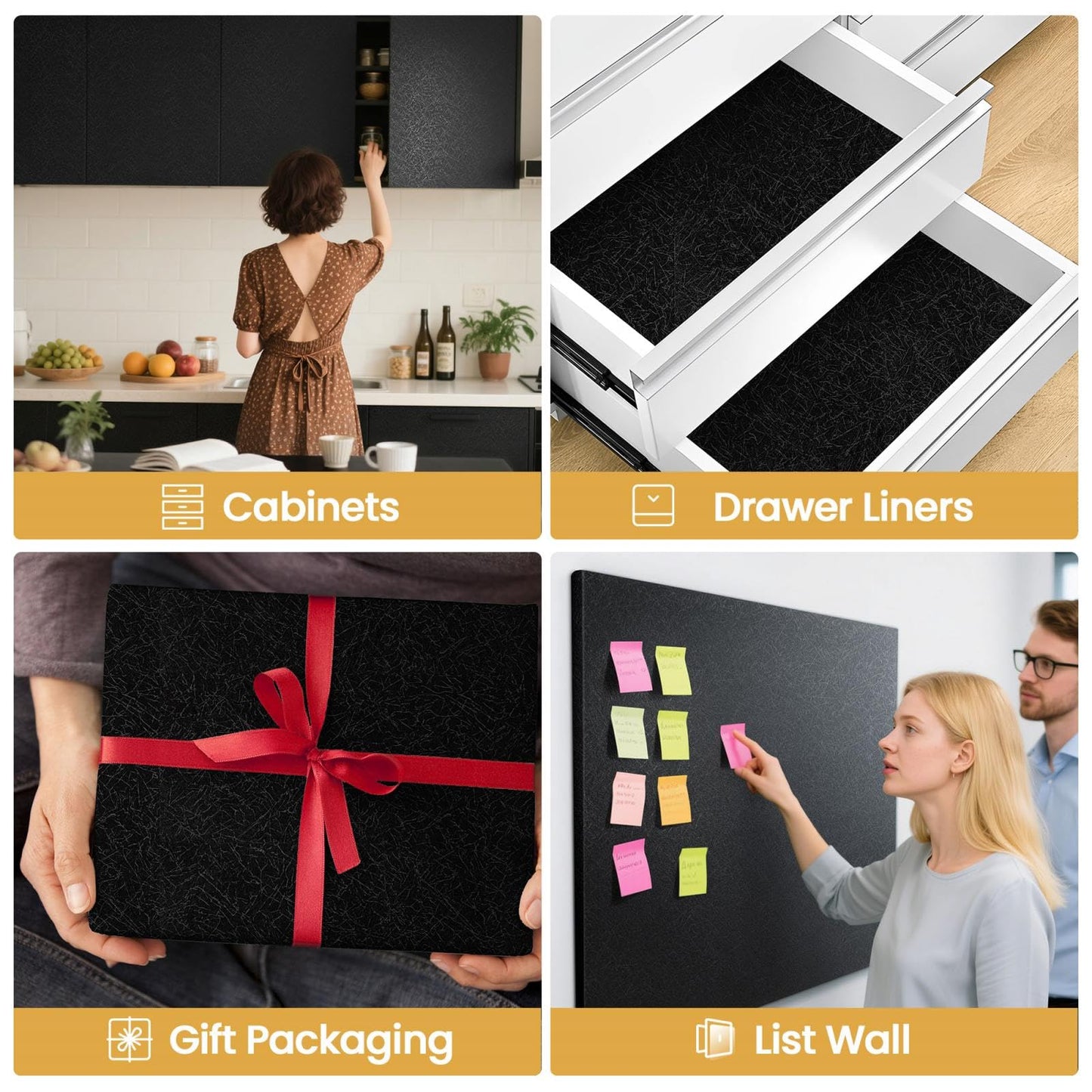 Black Silk Wallpaper Peel and Stick Embossed Self Adhesive Contact Paper 15.7" x 118" Removable Waterproof Kitchen Vinyl Wrap Cabinet Textured Renter Friendly Wall Cover with Scraper, Paper Cutter