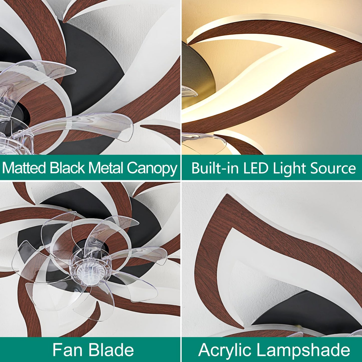 HuixuTe 24" Wood Geometric Ceiling Fan with Lights Remote Control, Low Profile Ceiling Fan with Light for Kitchen Bedroom Living Room