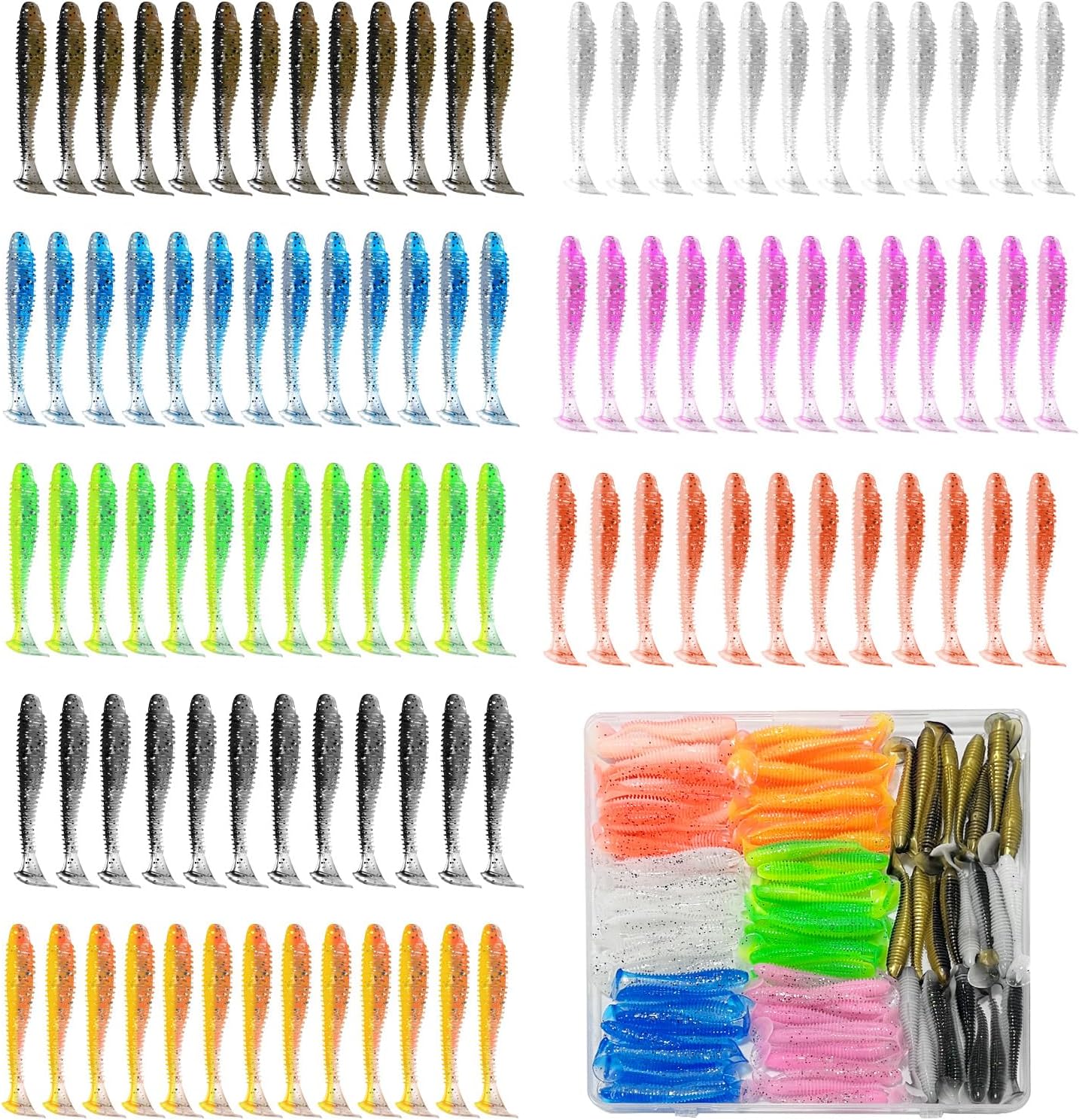 Skiennix Soft Fishing Lures - 3" Paddle Tail Swimbaits with Unique Vibrating Action | 96 Pcs in 8 Colors