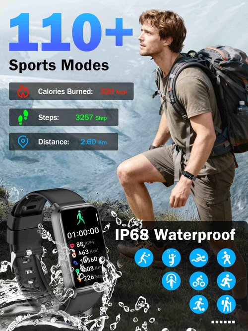 KPEP AMOLED Fitness Watches for Women Men with Stress Blood Oxygen Heart Rate Monitor Sleep Tracking 110+ Sport Modes Fitness Tracker Watch Calorie Counter Step Tracker IP68 Waterproof for Andriod iOS