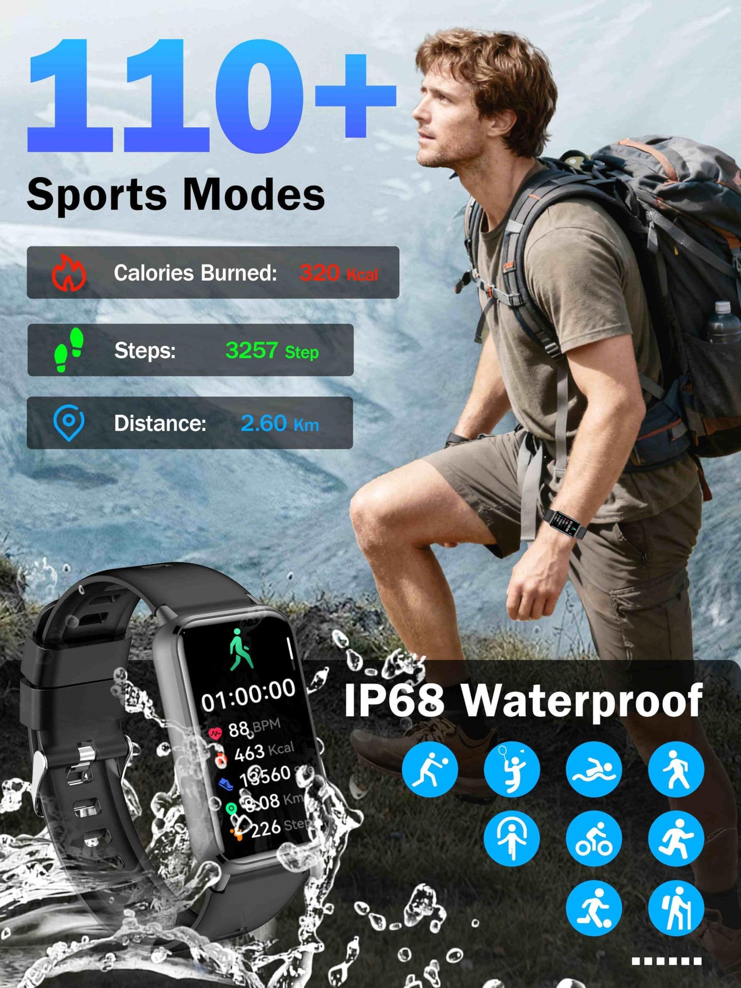 KPEP AMOLED Fitness Watches for Women Men with Stress Blood Oxygen Heart Rate Monitor Sleep Tracking 110+ Sport Modes Fitness Tracker Watch Calorie Counter Step Tracker IP68 Waterproof for Andriod iOS