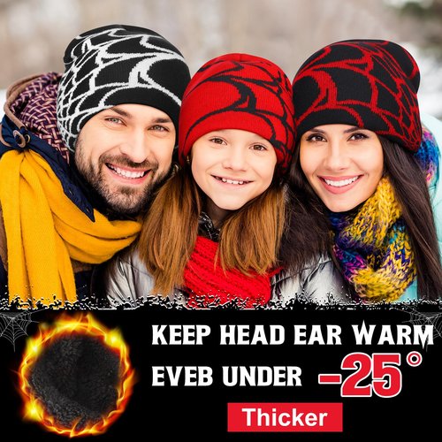Jeyiour 4 Pcs Y2k Beanies Spider Web Pattern Beanie Gothic Acrylic Knitted Hat Casual Streetwear Outdoor for Men Women(Classic Color,Fleece Lined)