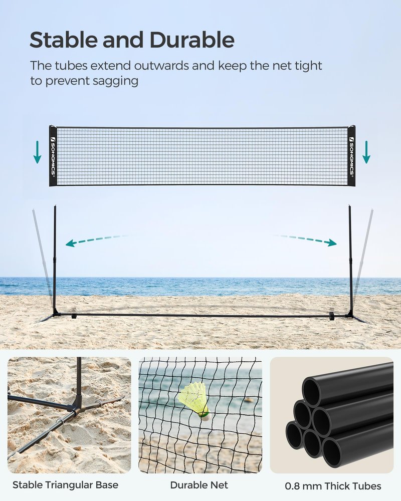 SONGMICS 13 ft Badminton Net, Height Adjustable Volleyball Net, Pickleball Net with Poles, Foldable Nylon Net for Tennis Indoor Outdoor Court, Black USYQ400H