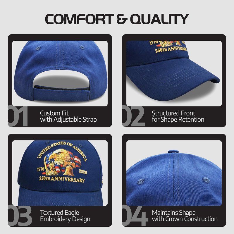 USA 250th Anniversary American Flag Hat – Adjustable Cotton Patriotic Baseball Hat with Eagle & Flag Embroidery - Soft & Comfortable USA Caps for Men & Women (Navy Blue)