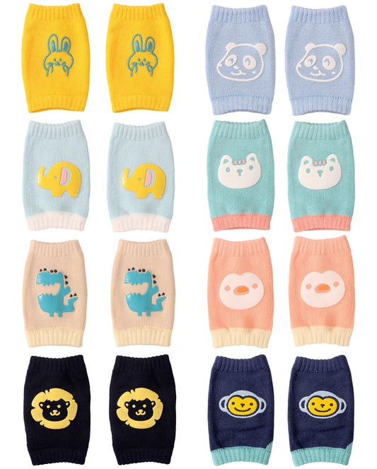 TAMHOO Baby Knee Pads for Crawling 6-24 Months, 8 Pairs with Animal Designs (Monkey/Dinosaur/Pig/Elephant/Cat/Rabbit/), Anti-Slip Silicone Protection,Breathable Toddler Knee Protectors