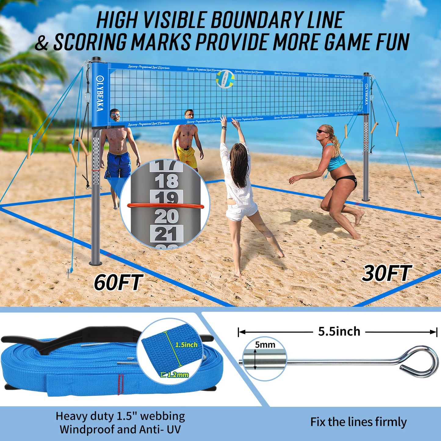 Heavy Duty Professional Volleyball Net Set for Outdoor Backyard Beach with Tetoron Net, 2" Adjustable Aluminum Poles, 2 Tension Adjusters, PU Volleyball and Pump, Carry Bag (Blue)