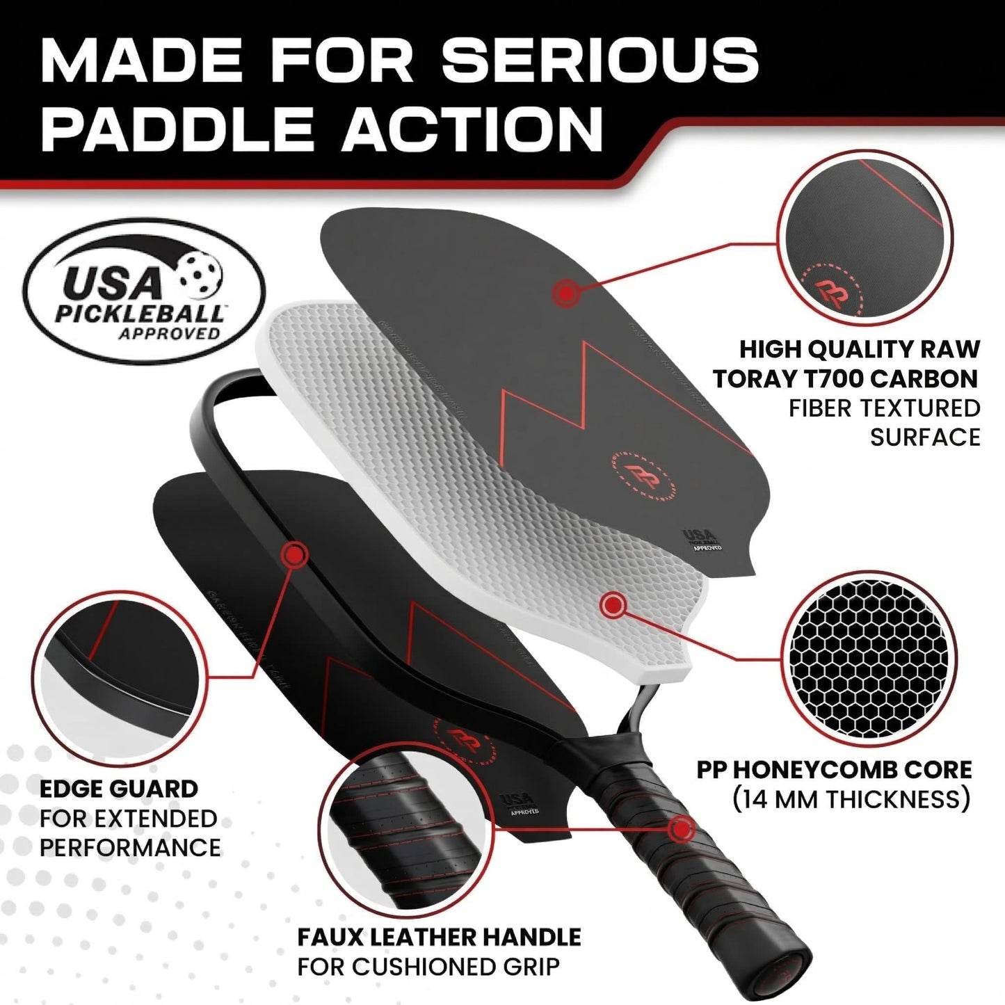 Precision Pro Carbon Fiber Pickleball Paddles Set of 2 — USAPA Approved, T700 Carbon, 14mm Honeycomb Core, 4 Indoor Outdoor Balls, Carry Bag, Pickleball Set for Beginners and Intermediate Players