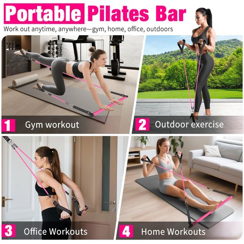 Bbtops Pilates Bar Kit with Resistance Bands(4 x Bands),3-Section Pilates Bar with Stackable Bands Workout Equipment for Legs,Hip,Waist and Arm,Portable Home Gym for Women Full Body (Pink30lbs,40lbs)