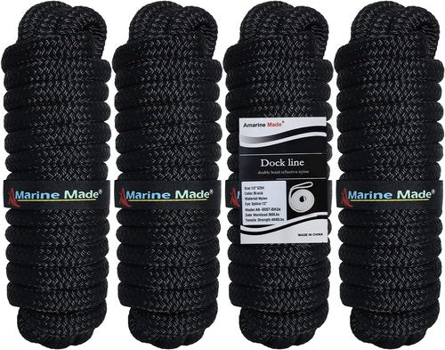 Amarine Made Dock Lines - 1/2" x 25' Double Braided Boat Lines with 12" Eyelet - 4 Pack, Black