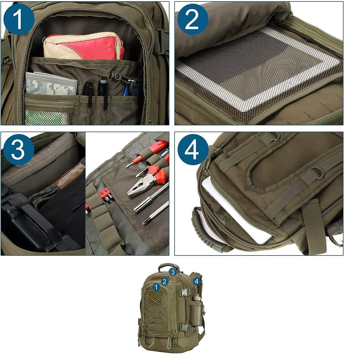 ZSearARMY Large Tactical Backpack for Men Military Backpack with DIY System for Travel, Work,Camping,Hunting,Hiking,Sports (GREEN)