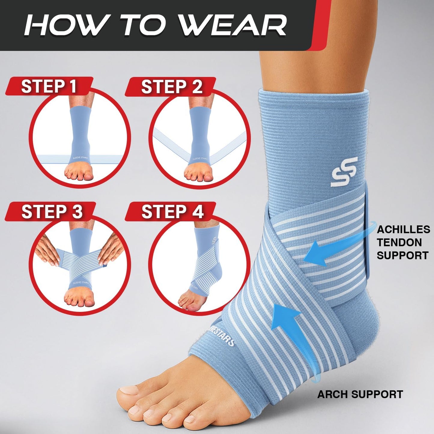 Sleeve Stars Ankle Brace - Compression Support for Sprained Ankles & Plantar Fasciitis | Light Blue, Size L (12"-13")