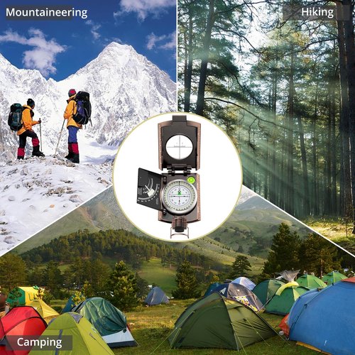 Anbte Compass Hiking Survival, IP65 Waterproof Metal Compass with Sighting Clinometer and Carry Bag, Multifunctional, Professional, for Camping Hunting Hiking Navigation, Bronze