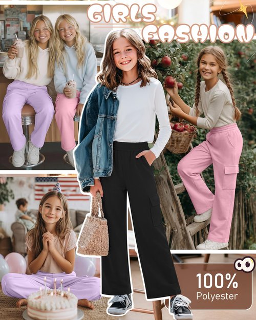 LessonZoo 3 Pack Girl's Lightweight Wide Leg Sweatpants Cargo Pants Baggy High Waisted Joggers Teen Girl Pants with Pockets(Light Purple, Pink, Black,9-10 Y)