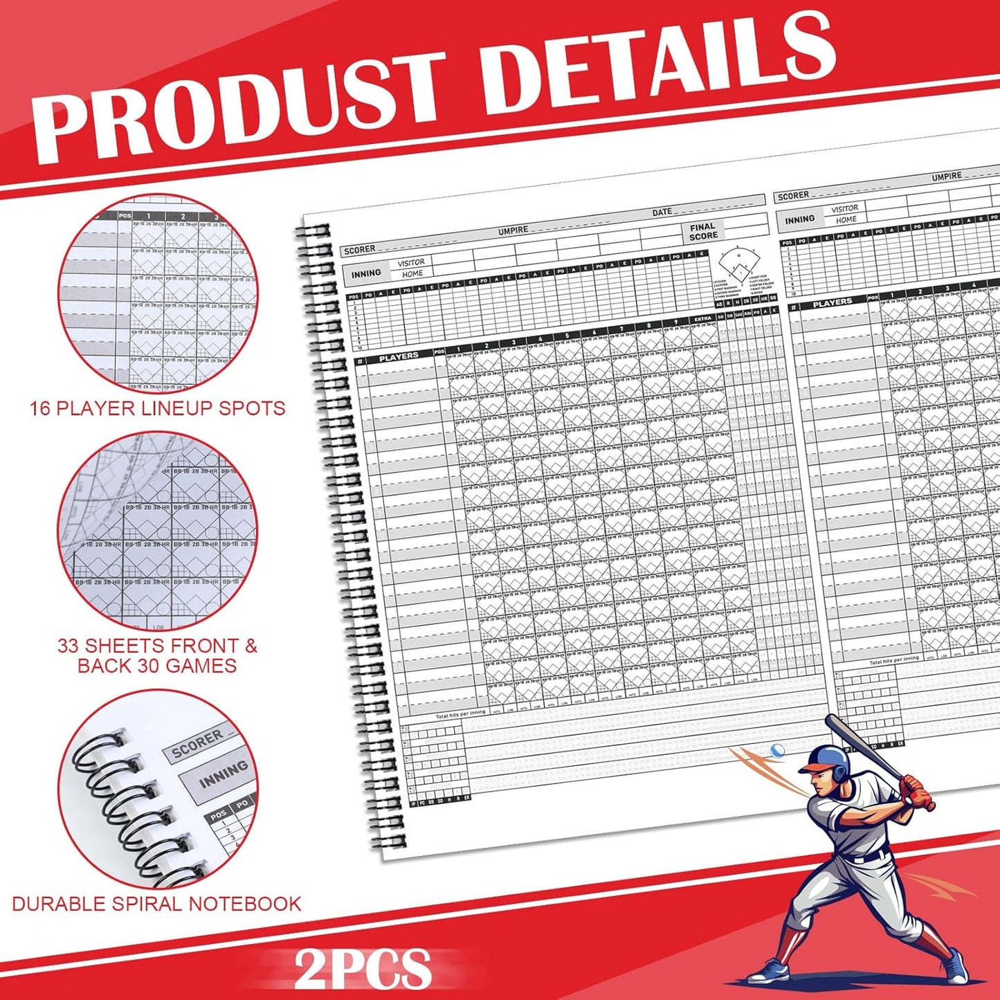 Regine Switzerland Baseball Scorebook - 2 Pcs Side by Side Design for 30 Games | 11.5x16 Size