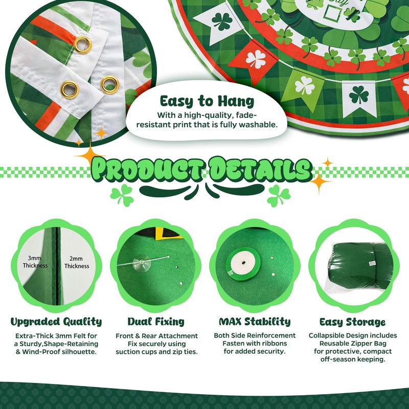 St Patricks Golf Cart Parade Decorations Kit, Car Decor with Giant Leprechaun Hat, Green Metallic Tinsel Garland, Bunting Flag ,Balloons, Shamrock Stickers for Outdoor Holiday