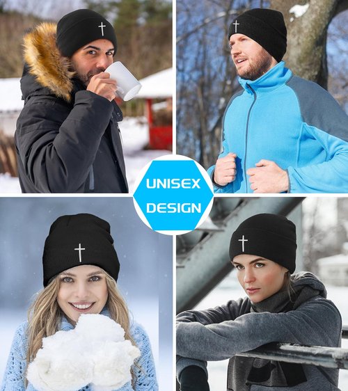 Black Beanie for Men Women Embroidery Christian Cross Jesus Beanies Hats for Men Unisex Christian Knit Warm Winter Hat for Men Women Cuffed Knitted Beanie Hat Chemo Cap Headwear Christ