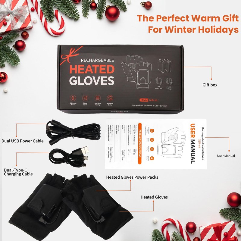 AaoLin Heated Gloves, 10400mAh Battery Fingerless Flexible for Work Outdoor Hunting Skiing Motorcycle Writing for Men and Women – Ideal Match with Electric Hand Warmers for Cold Winter (L)