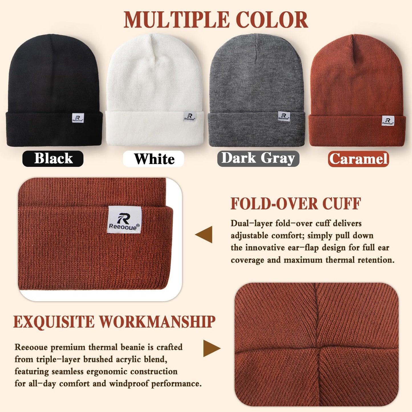 6 Pack Satin Lined Winter Beanie Hats, Silk Lined Beanies Knit Warm Cuffed Soft Hats for Women and Men with a Gift Tote Bag