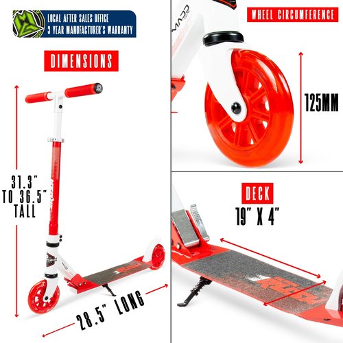 Kick Scooter for Ages 5+ - Kids, Teens & Adults. Max Load 220lbs. Foldable, Light-Up Wheels, Adjustable Height, Lightweight - Rush 125 Madd Gear
