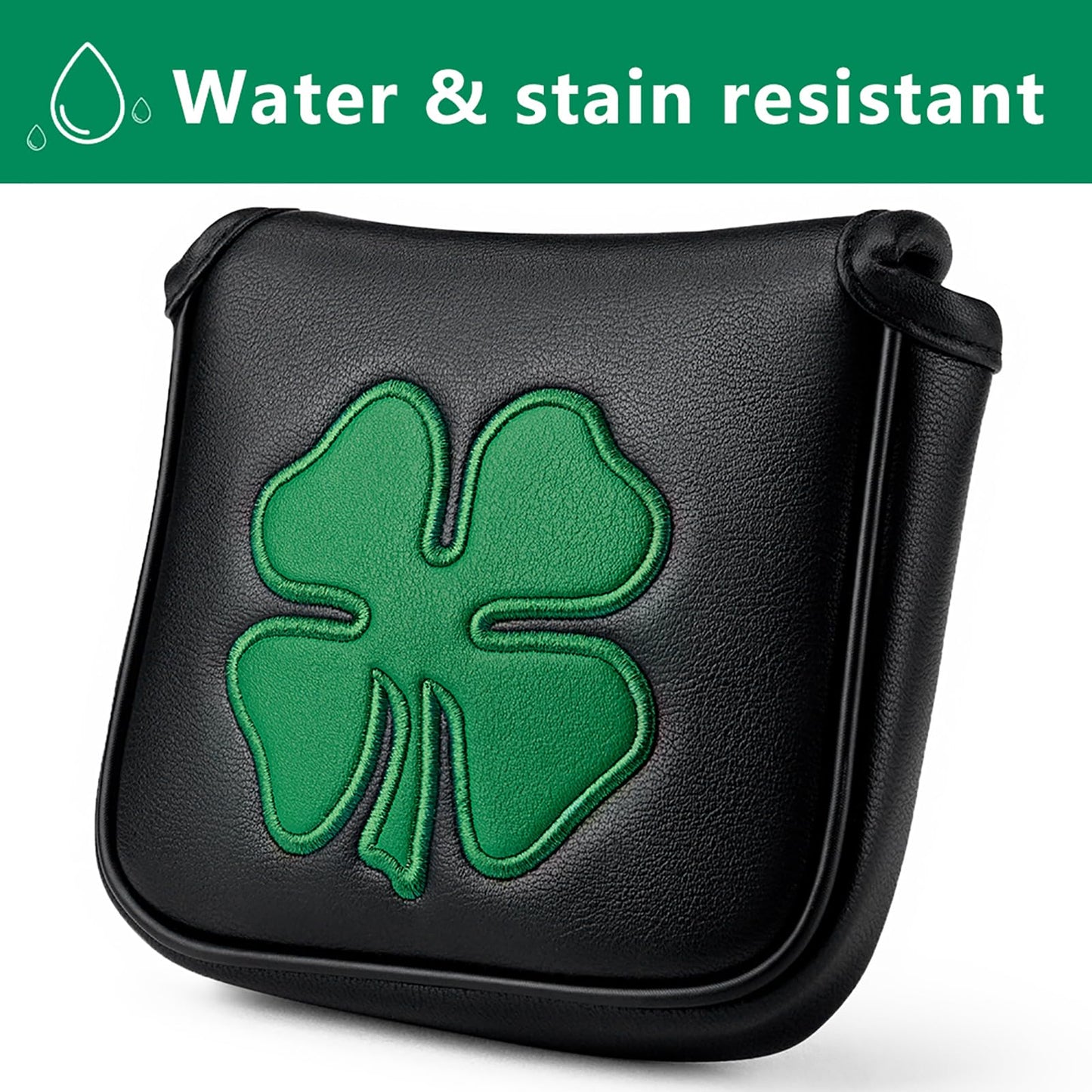 Gbourly Golf Club Lucky Shamrock Square Mallet Putter Cover Magnetic Heel Shaft PU Leather Headcover (Black Shamrock)