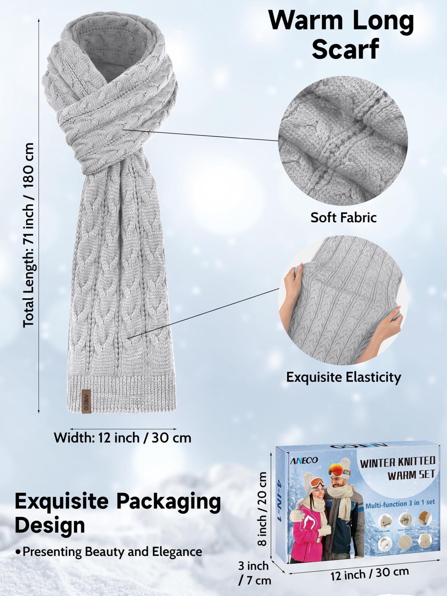 Aneco Winter Beanie Hat Scarf Gloves Ear Warmer Set for Women Fleece Lined Pom Pom Beanie Touchscreen Gloves 4 in 1 Set Light Grey