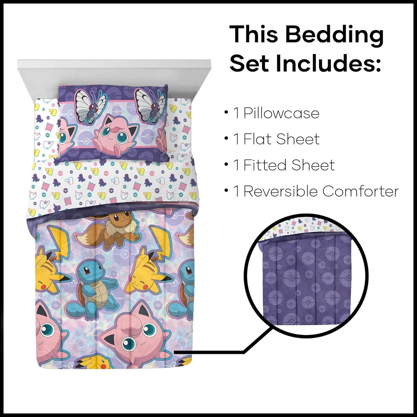 Northwest | Pokémon Twin Bed in a Bag Set - Pikachu, Eevee & Jigglypuff Anime Bedding for Kids