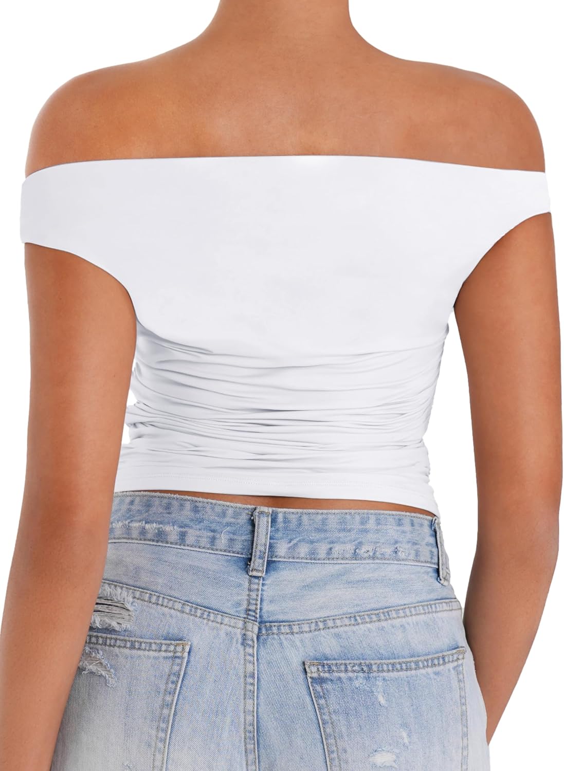 Sunzel Women's Off-Shoulder Crop Top - Trendy Y2K Tank with Asymmetrical Neckline & Ruched Detail