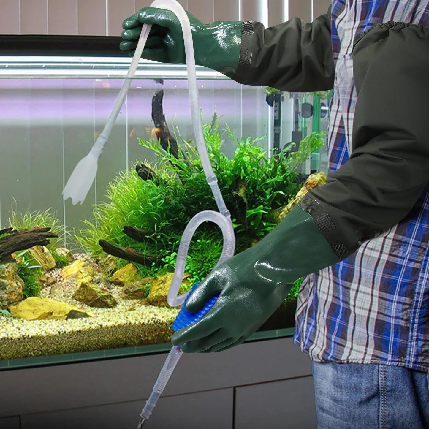 Nobgum 27" Full Arm Pond Gloves, Reusable Long Heavy Duty Gloves with Cotton Lining, Waterproof Latex Chemical Resistant Protective Glove for Resist Strong Acid, Alkali, Oil