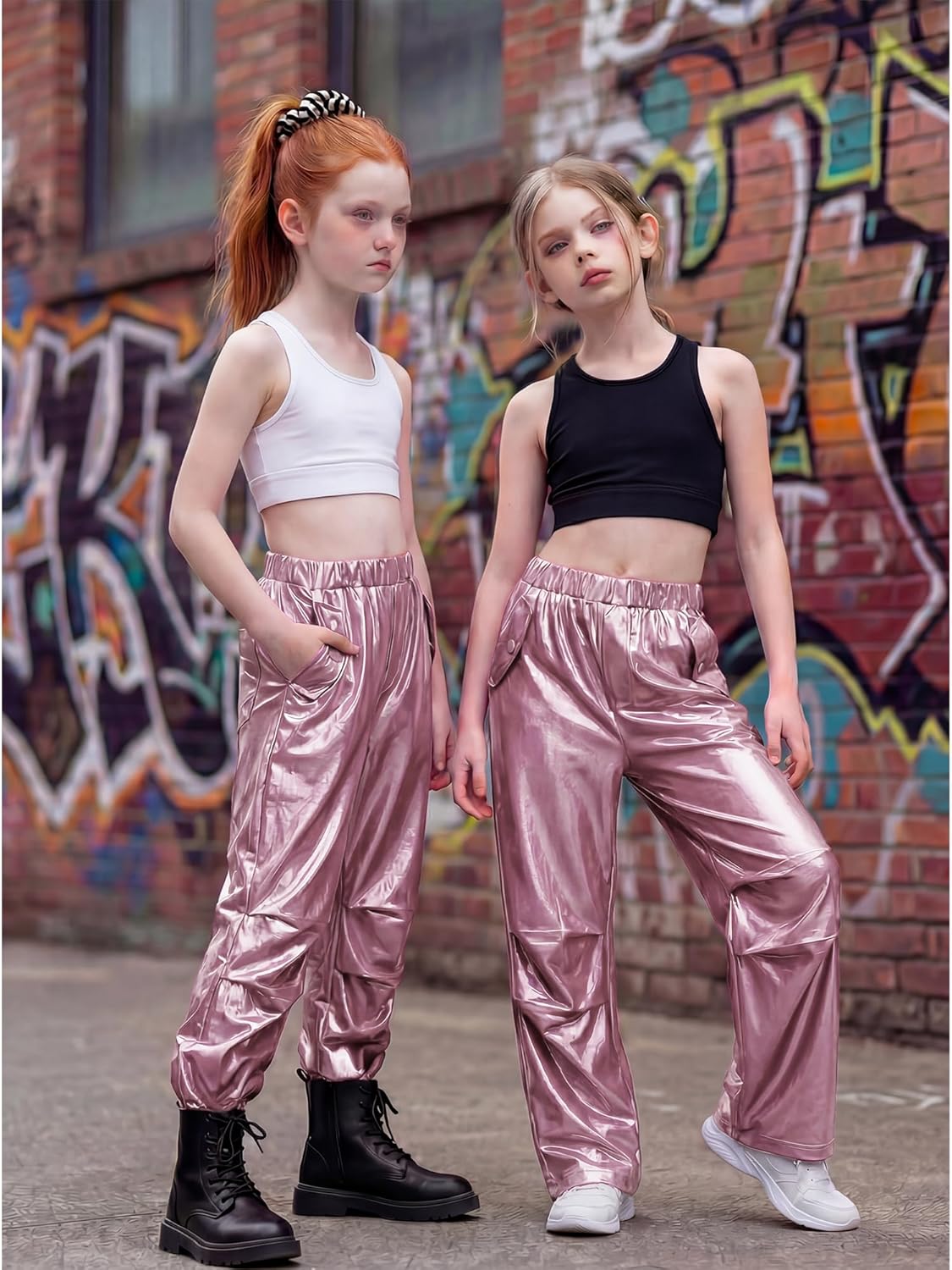 Stelle Girls Metallic Cargo Pants - Shiny Hip Hop Dance Joggers | Sparkly Stretchy Wide Leg for Ages 4-15