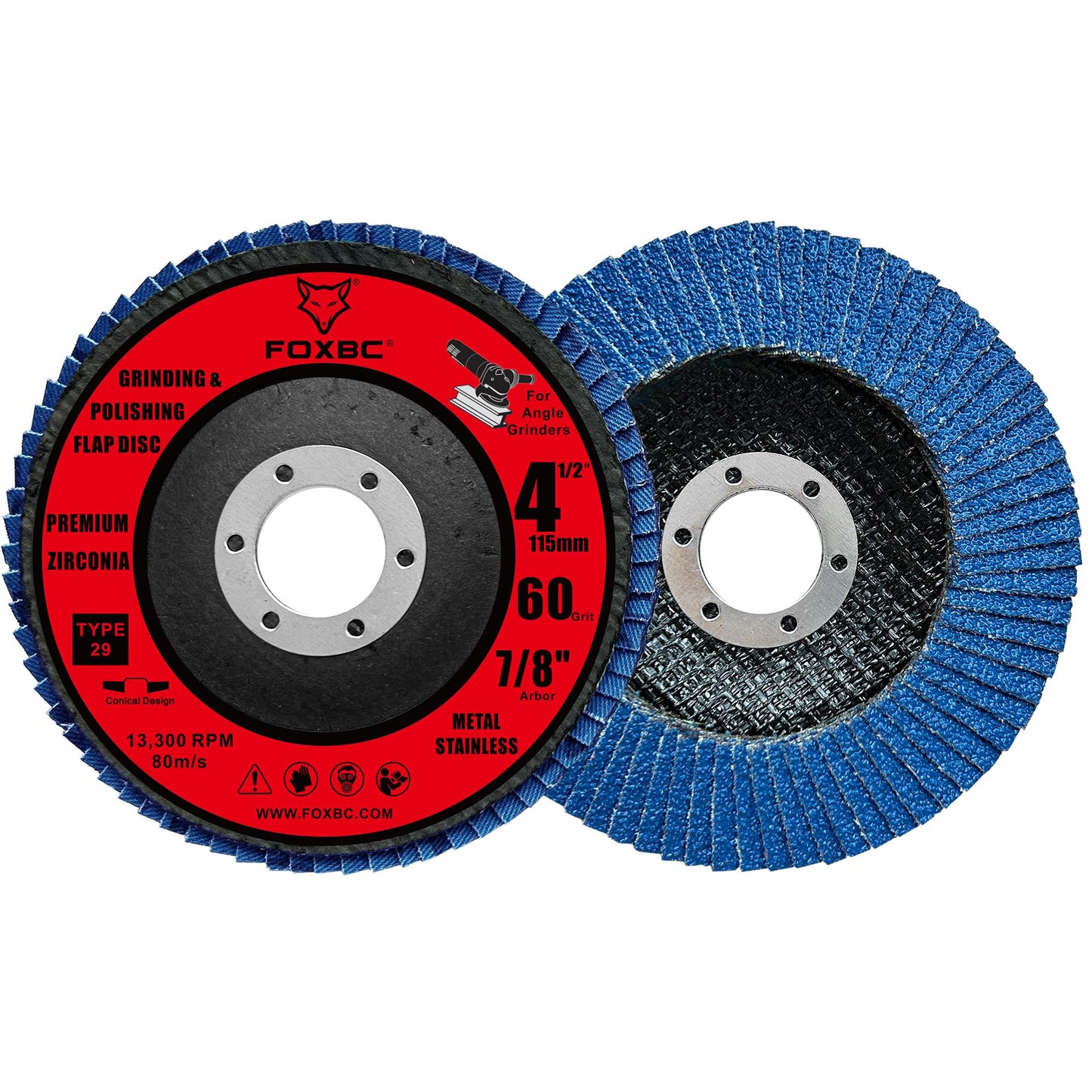FOXBC 4-1/2 inch Flap Disc 60 Grit for Angle Grinder, Type 29, Premium Zirconium Grinding and Polishing for Metal, 10 Pack