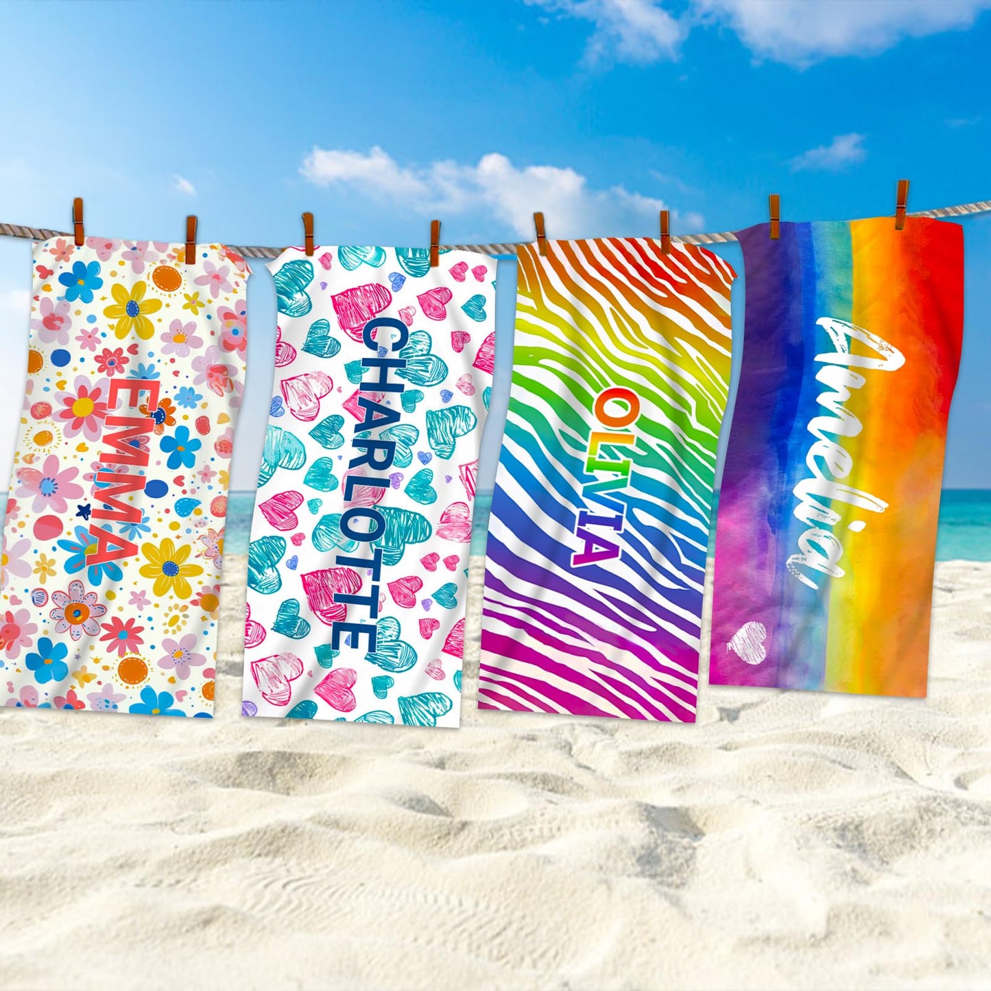WNNNS Personalized Beach Towels for Adults & Kids Custom Beach Towel with Names for Women Men Oversized Sand Free Soft Cotton/Poly Blend Bath Pool Swim Towel Quick Dry Customized Girls Beach Towel