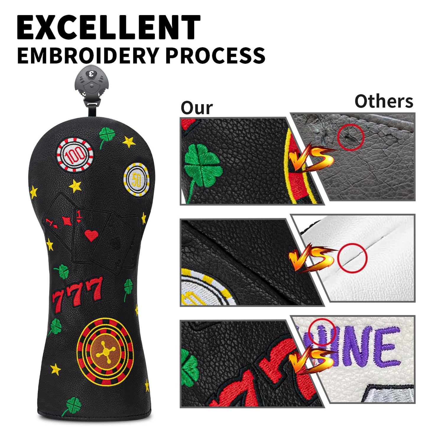 777 Playing Cards Funny Headcover - PU Leather Golf Club Cover with Embroidered Finish, Set Fits Driver Fairway Hybrid Woods (Black-Fairway)