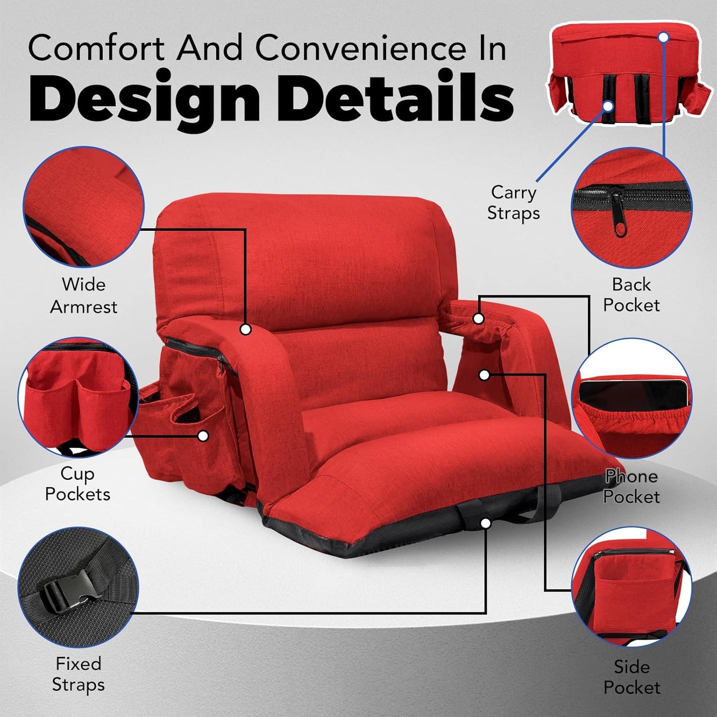 Skiennix Wide Stadium Seats - Extra Thick Bleacher Chairs With Back Support & Cushion | 6 Reclining Positions, Red (22.5")