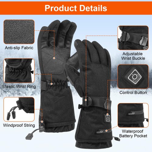 Heated Gloves for Men Women Rechargeable - 7.4V 6000mAH Battery Heated Work Ski Gloves Up to 10H Warmth, Touchscreen, 3-Level Adjustable, 10s Fast Heating, Electric Heated Gloves for Hunting Camping