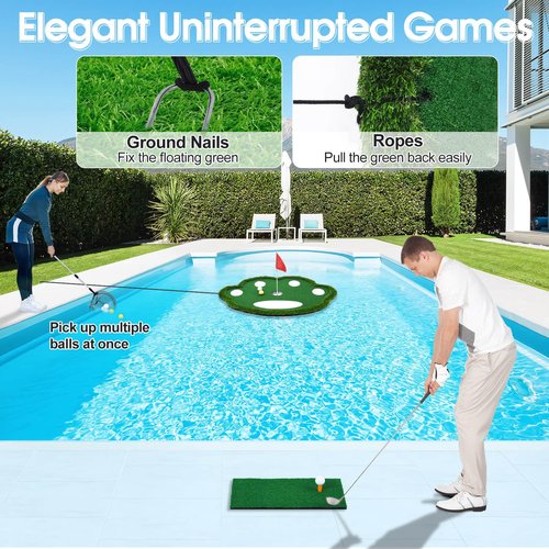 KEMLDIVS Floating Golf Green for Pool, Patented Pool Golf Game Floating Mat with Ball Retrieve Net/Scoreboard for Party & Training
