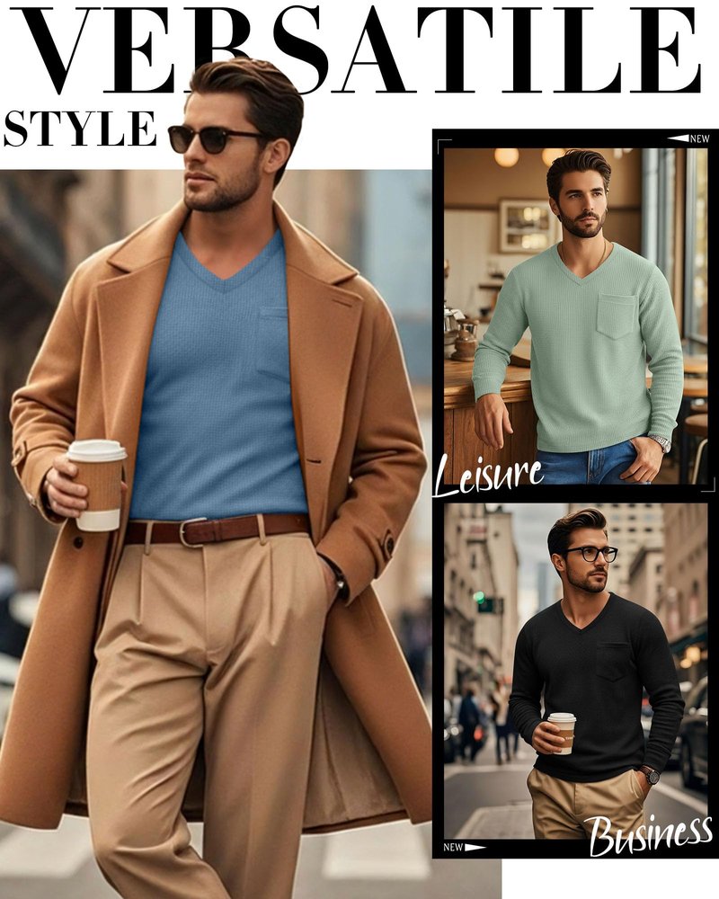 Neer 3 Pack Mens Big and Tall Waffle Shirts Long Sleeve V Neck Pullover Underwear Tops Basic Undershirts with Pocket(Black, Haze Blue, Gray Green,3X-Large)