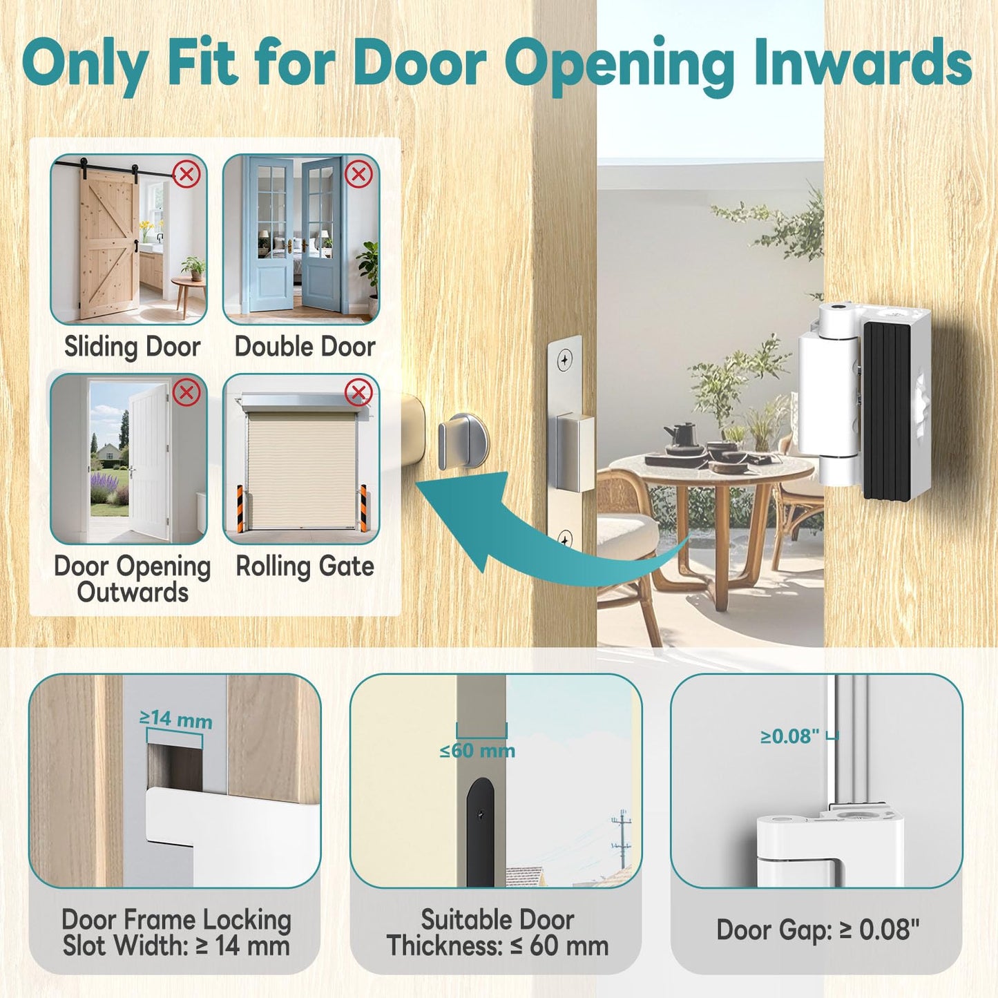 StickNGo Upgraded Portable Security Door Reinforcement Lock - No Drilling Flip Lock Latch Prevents Unauthorized Entry Fits Inward-Opening Doors, Apartment, Hotel, Travel (White-1 Pc)