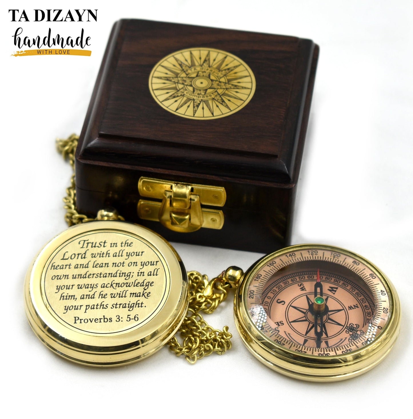 Trust in The Lord with All Your Heart -Proverbs 3: 5-6 Quote Engraved Compass with Wooden Box, Greeting Card, Compass Gift, Graduation Day Gifts 2026 for Women Mens Boy Girls
