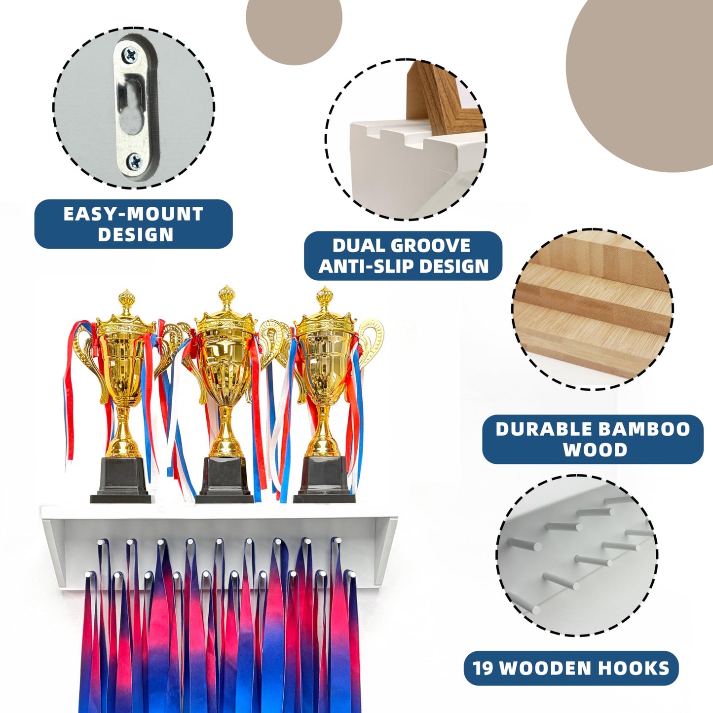 Medal Hanger Display and Trophy Shelf with Hooks - Wooden Medal Holder for Wall Mount Ribbon Display, Trophy Display Shelf for Gymnastics, Soccer, Running Race Medals Awards Rack (WHITE, 16")