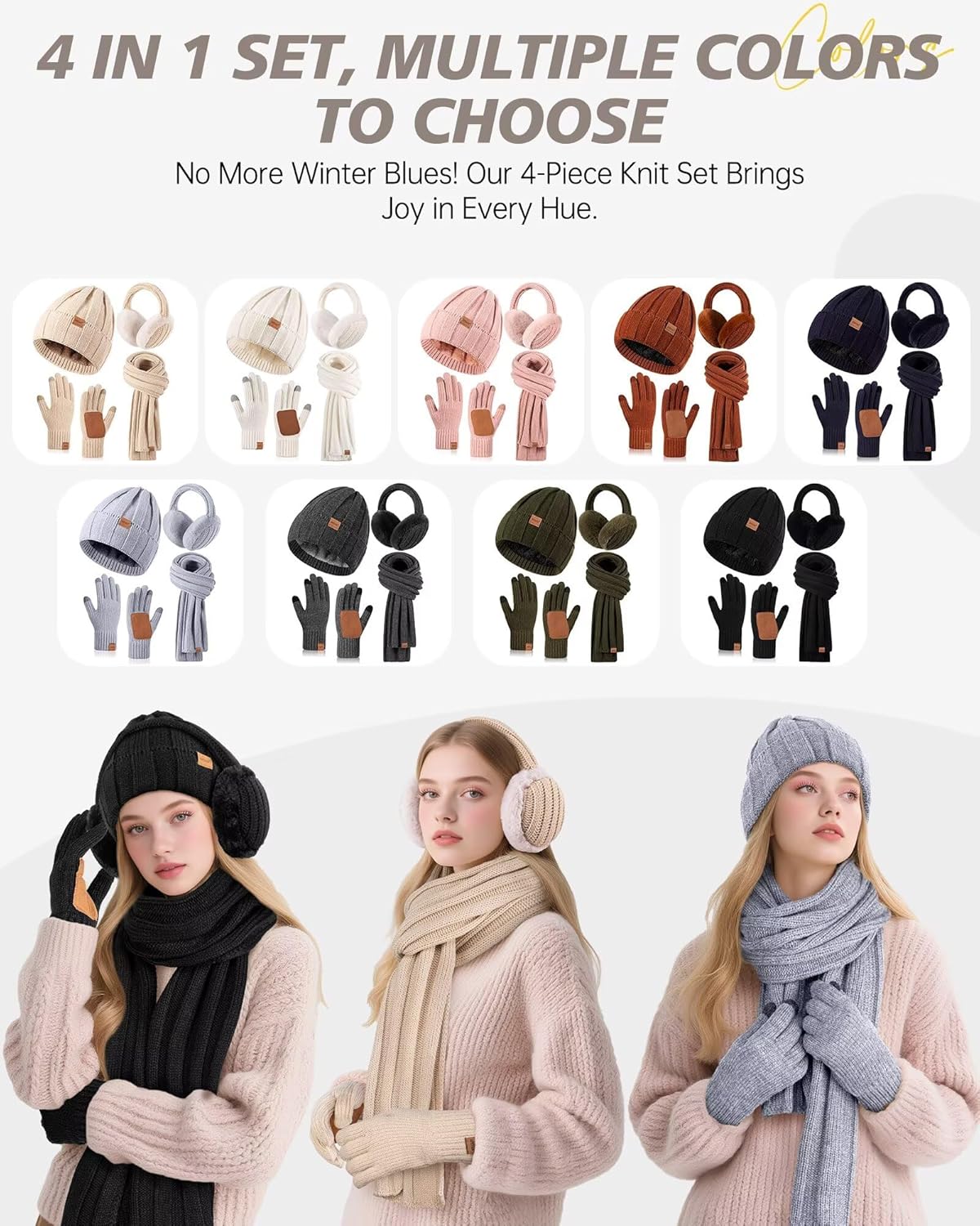 Regine Switzerland Winter Hat, Gloves, Scarf & Earmuffs Set - Fleece Lined, Touchscreen, 4-in-1 Gift