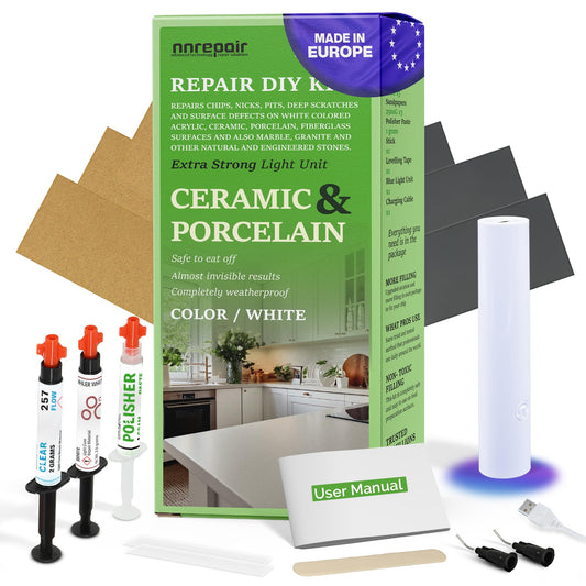 Porcelain Repair Kit (Clear/Transparent & White) - Fix Your Defects on Tiles, Sinks, Bathtubs & More I Suitable for Most Repairs I Upgraded Light Unit