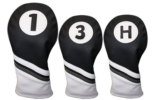 Majek Golf Headcovers Black and White Leather Style 1, 3, H Driver Hybrid and Fairway Head Covers Fits 460cc Drivers