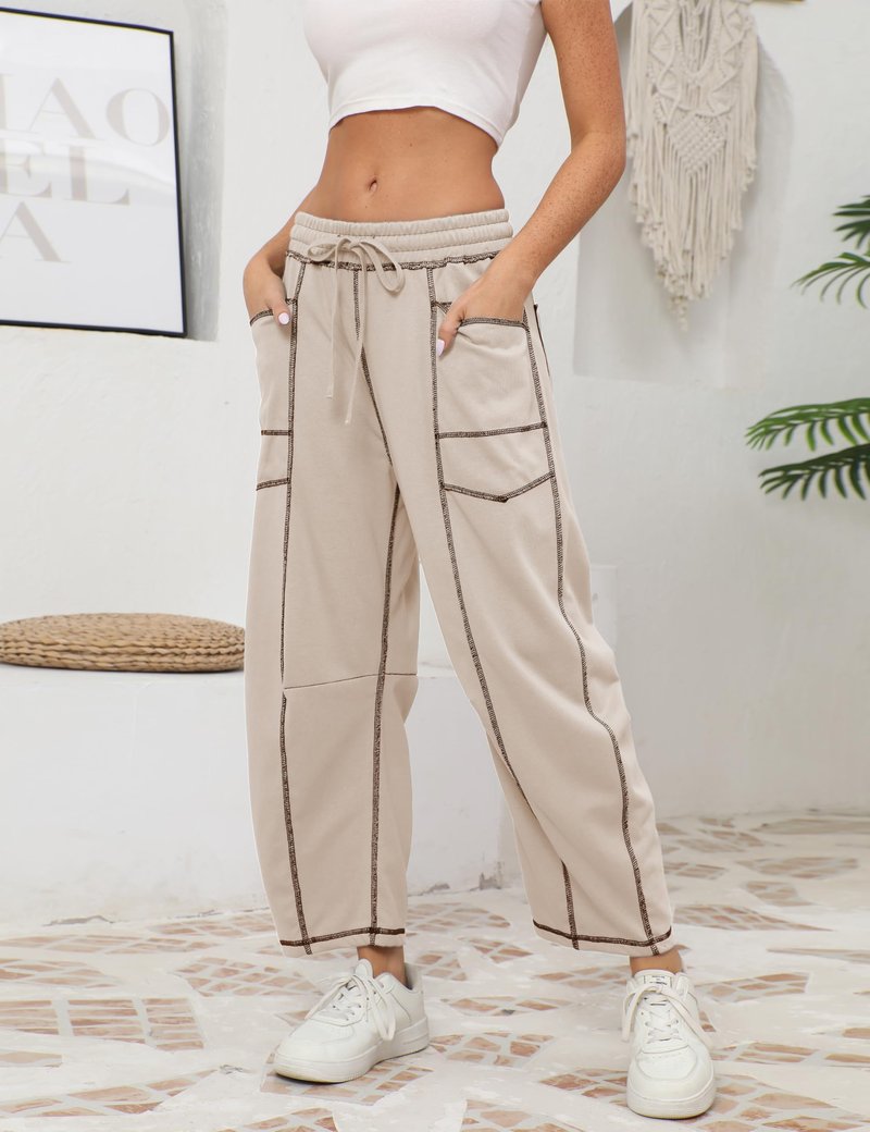 Athlisan Womens Baggy Barrel Pants Wide Leg Lounge Drawstring Sweatpants with Pockets(Khaki-M)