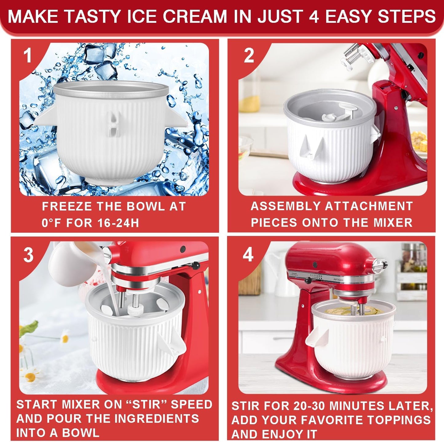 Ice Cream Maker Attachment for KitchenAid Mixer - 2 Quart Bowl for Yogurt, Sorbet & Gelato