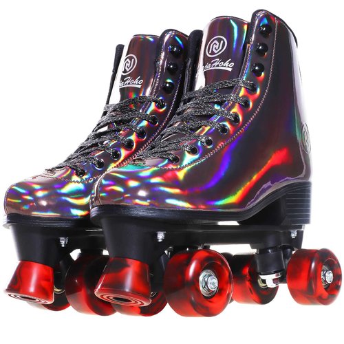 JajaHoho Roller Skates for Women and Men, Holographic High Top Classic Rollerskates, Shiny Double-Row Four Wheels Quad Skates for Girls, Age 8-50 Indoor & Outdoor (Size 10, Golden Black)
