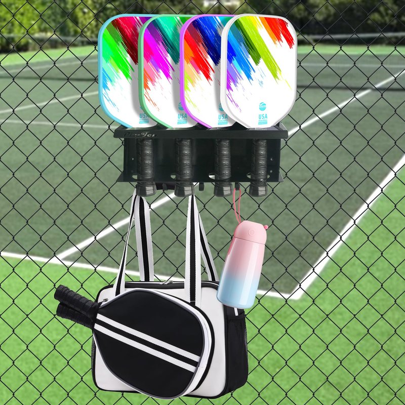 Pic-Ten 2PCS Pickleball Paddle Rack Holds 4 or 8 Paddles with Hooks Pickleball Storage Rack for Fence and Wall Pickleball Paddle Holder Outdoor No Installation Black