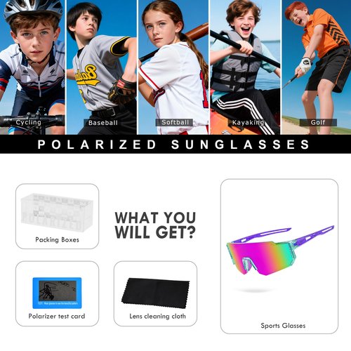 BOWILL Youth Polarized Sunglasses, UV 400 Protection Sports Kids Sun Glasses for Teens Boy's Girl's Cycling Baseball Softball